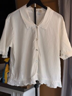 JJill Women's White Button-Front Linen blend Short Sleeve Blouse size small